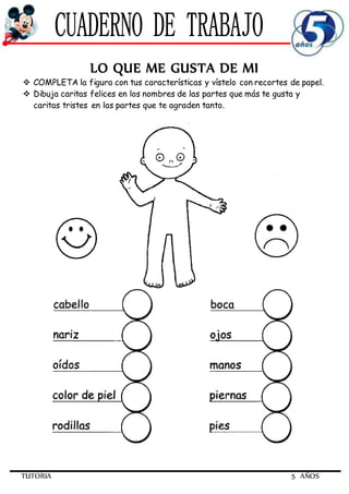 TUTORIA 5 AÑOS
LO QUE ME GUSTA DE MI
 COMPLETA la figura con tus características y vístelo con recortes de papel.
 Dibuja caritas felices en los nombres de las partes que más te gusta y
caritas tristes en las partes que te agraden tanto.
 