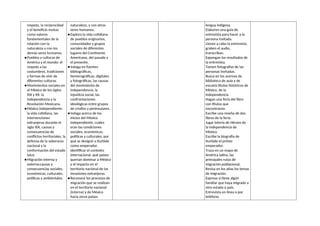 respeto, la reciprocidad
y el beneficio mutuo
como valores
fundamentales de la
relación con la
naturaleza y con los
demás seres humanos.
●Pueblos y culturas de
América y el mundo: el
respeto a las
costumbres, tradiciones
y formas de vivir de
diferentes culturas.
●Movimientos sociales en
el México de los siglos
XIX y XX: la
Independencia y la
Revolución Mexicana.
●México independiente:
la vida cotidiana, las
intervenciones
extranjeras durante el
siglo XIX, causas y
consecuencias de
conflictos territoriales, la
defensa de la soberanía
nacional y la
conformación del estado
laico.
●Migración interna y
externa:causas y
consecuencias sociales,
económicas, culturales,
políticas y ambientales.
naturaleza, y con otros
seres humanos.
●Explora la vida cotidiana
de pueblos originarios,
comunidades y grupos
sociales de diferentes
lugares del Continente
Americano, del pasado y
el presente.
●Indaga en fuentes
bibliográficas,
hemerográficas, digitales
y fotográficas, las causas
del movimiento de
independencia, la
injusticia social, las
confrontaciones
ideológicas entre grupos
de criollos y peninsulares.
●Indaga acerca de los
inicios del México
independiente, cuáles
eran las condiciones
sociales, económicas,
políticas y culturales, por
qué se designó a Iturbide
como emperador,
identificar el contexto
internacional, qué países
querían dominar a México
y el impacto en el
territorio nacional de las
invasiones extranjeras
●Reconoce los procesos de
migración que se realizan
en el territorio nacional
(interna) y de México
hacia otros países
lengua indígena.
Elaboren una guía de
entrevista para hacer a la
persona invitada.
Lleven a cabo la entrevista,
graben el audio,
transcriban.
Expongan los resultados de
la entrevista.
Tomen fotografías de las
personas invitadas.
Busca en los acervos de
biblioteca de aula y de
escuela títulos históricos de
México, de la
independencia.
Hagan una feria del libro
con títulos que
encontraron.
Escribe una reseña de dos
libros de la feria.
Jugar lotería de Héroes de
la Independencia de
México.
Escribe la biografía de
Iturbide el primer
emperador.
Traza en un mapa de
América latina, las
principales rutas de
migración poblacional.
Revisa en los atlas los temas
de migración.
Expresa si tiene algún
familiar que haya migrado a
otro estado o país.
Entrevista en línea o por
teléfono.
 
