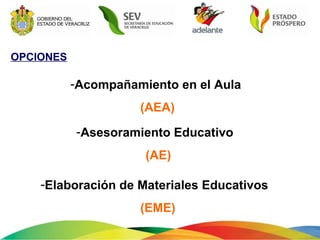 OPCIONES Acompañamiento en el Aula  (AEA) Asesoramiento Educativo  (AE) Elaboración de Materiales Educativos  (EME) 
