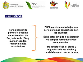 REQUISITOS Para alcanzar 20 puntos el docente deberá realizar un Proyecto Aula (PA) y cumplir con los requerimientos establecidos Debe estar dirigido a desarrollar los campos formativos y las competencias. El PA consiste en trabajar una serie de temas específicos con los alumnos. De acuerdo con el grado y asignatura de los niveles y modalidades en que se labora. 