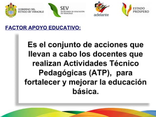 FACTOR APOYO EDUCATIVO: Es el conjunto de acciones que llevan a cabo los docentes que realizan Actividades Técnico Pedagógicas (ATP),  para fortalecer y mejorar la educación básica. 
