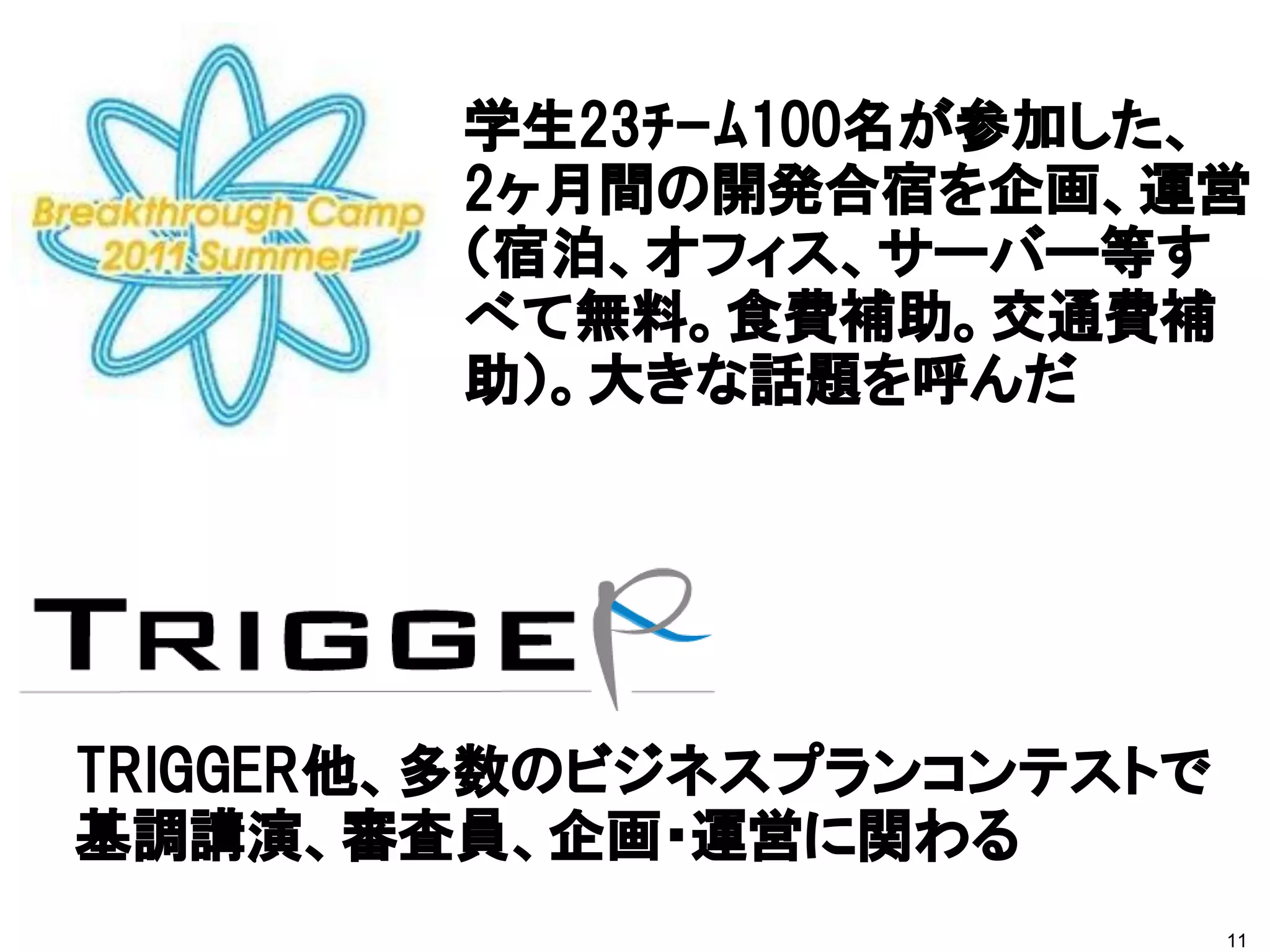 11
学生23ﾁｰﾑ100名が参加した、
2ヶ月間の開発合宿を企画、運営
（宿泊、オフィス、サーバー等す
べて無料。食費補助。交通費補
助）。大きな話題を呼んだ
TRIGGER他、多数のビジネスプランコンテストで
基調講演、審査員、企画・運営に関わる
 