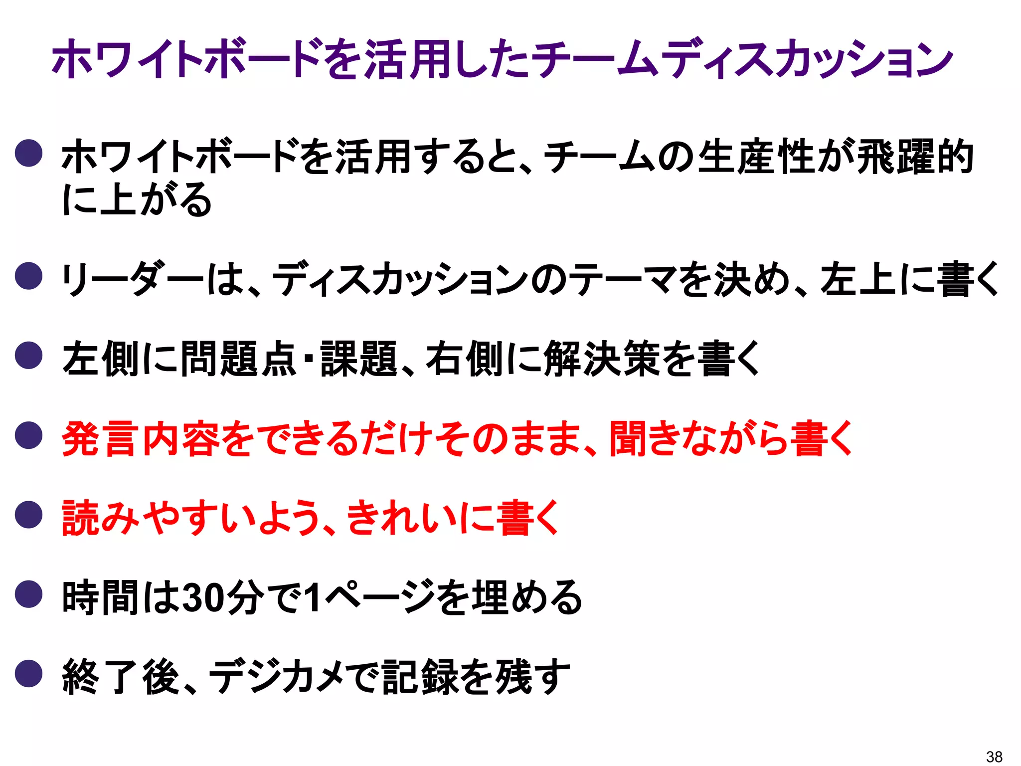 ホワイトボードを活用したチームディスカッション
 ホワイトボードを活用すると、チームの生産性が飛躍的
に上がる
 リーダーは、ディスカッションのテーマを決め、左上に書く
 左側に問題点・課題、右側に解決策を書く
 発言内容をできるだけそのまま、聞きながら書く
 読みやすいよう、きれいに書く
 時間は30分で1ページを埋める
 終了後、デジカメで記録を残す
38
 