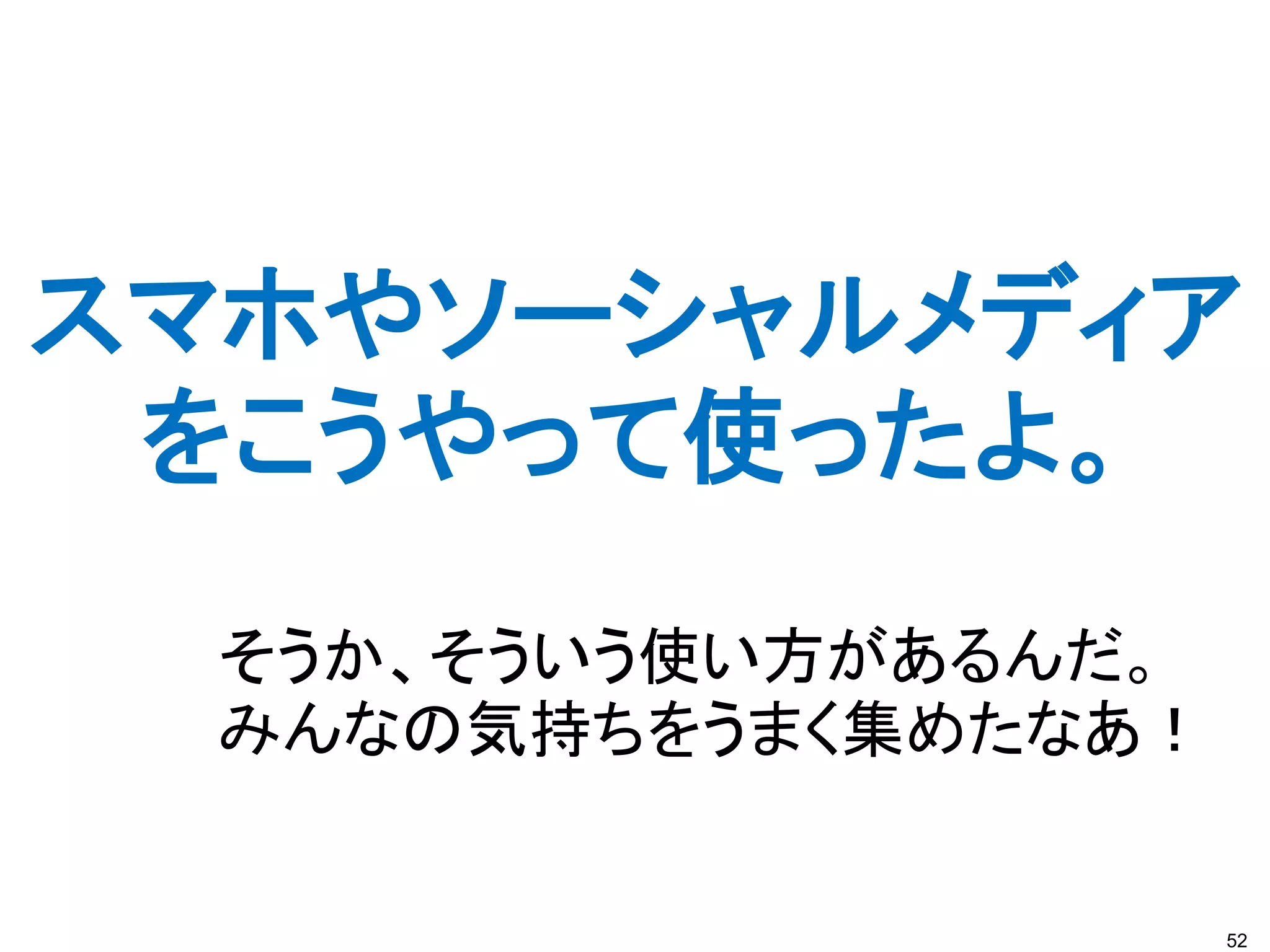 52
スマホやソーシャルメディア
をこうやって使ったよ。
そうか、そういう使い方があるんだ。
みんなの気持ちをうまく集めたなあ！
 