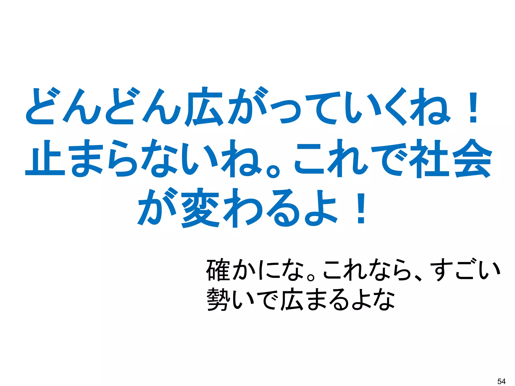 54
どんどん広がっていくね！
止まらないね。これで社会
が変わるよ！
確かにな。これなら、すごい
勢いで広まるよな
 