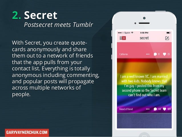 2. Secret

Postsecret meets Tumblr

With Secret, you create quotecards anonymously and share
them out to a network of frie...