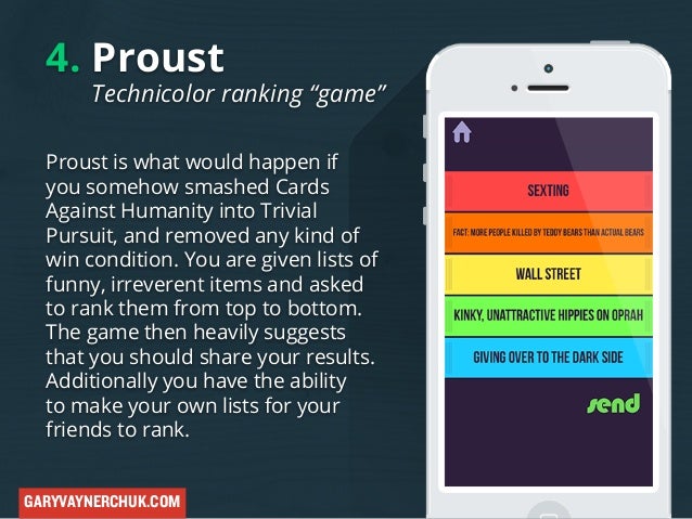 4. Proust

Technicolor ranking “game”

Proust is what would happen if
you somehow smashed Cards
Against Humanity into Triv...