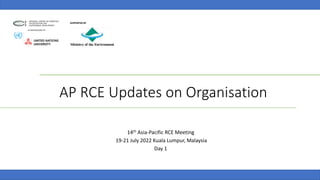 AP RCE Updates on Organisation
14th Asia-Pacific RCE Meeting
19-21 July 2022 Kuala Lumpur, Malaysia
Day 1
 
