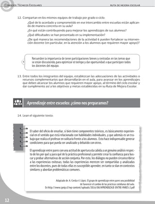 Consejos Técnicos Escolares	 ruta de mejora escolar
12
12.	Compartan en los mismos equipos de trabajo por grado o ciclo:
	 ¿Qué de lo acordado y comprometido en ese intercambio entre escuelas están aplican-
do de manera concreta en su aula?
	 ¿En qué están contribuyendo para mejorar los aprendizajes de sus alumnos?
	 ¿Qué dificultades se han presentado en su implementación?
	 ¿De qué manera las recomendaciones de la actividad 6 pueden fortalecer su interven-
ción docente (en particular, en la atención a los alumnos que requieren mayor apoyo)?
Recuerden la importancia de tener participaciones breves y centradas en los temas que
se están discutiendo,para optimizar el tiempo y dar oportunidad a que participen todos
los docentes del equipo.
13.	Entre todos los integrantes del equipo, establezcan las adecuaciones de las actividades o
recursos complementarios que desarrollarán en el aula, para avanzar en los aprendizajes
que deben alcanzar los alumnos que requieren mayor apoyo, al término del ciclo escolar y
dar cumplimento así a los objetivos y metas establecidas en su Ruta de Mejora Escolar.
14.	Lean el siguiente texto:
El saber del oficio de enseñar, si bien tiene componentes teóricos, es básicamente experien-
cial en el sentido que está relacionado con habilidades individuales, y que además es un tra-
bajo que realiza el profesor en solitario frente a los alumnos. Esto hace indispensable generar
condiciones para que pueda ser analizado y debatido con otros.
El aprendizaje entre pares con una actitud de apertura da cabida a un genuino análisis respec-
to de los por qué y para qué de la práctica profesional y permite crear la confianza para bus-
car y probar alternativas de acción conjunta. Por esto, los diálogos no pueden circunscribirse
a las experiencias exitosas; todas las experiencias merecen ser compartidas y analizadas
entre los docentes, pues de todas ellas es susceptible aprender, en tanto se dan en contextos
similares y abordan problemáticas comunes.
Adaptado de: A. Cerda e I. López. El grupo de aprendizaje entre pares una posibilidad
de favorecer el cambio de las prácticas cotidianas del aula.
En http://www.cpeip.cl/wp-content/uploads/2016/08/APRENDIZAJE-ENTRE-PARES-2.pdf
Aprendizaje entre escuelas: ¿cómo nos preparamos?
 