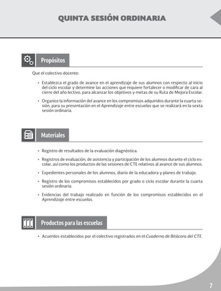 Quinta Sesión Ordinaria	 Educación Inicial y Preescolar
7
QUINTA SESIÓN ORDINARIA
Que el colectivo docente:
•	 Establezca el grado de avance en el aprendizaje de sus alumnos con respecto al inicio
del ciclo escolar y determine las acciones que requiere fortalecer o modificar de cara al
cierre del año lectivo, para alcanzar los objetivos y metas de su Ruta de Mejora Escolar.
•	 Organice la información del avance en los compromisos adquiridos durante la cuarta se-
sión, para su presentación en el Aprendizaje entre escuelas que se realizará en la sexta
sesión ordinaria.
•	 Registro de resultados de la evaluación diagnóstica.
•	 Registros de evaluación, de asistencia y participación de los alumnos durante el ciclo es-
colar, así como los productos de las sesiones de CTE relativos al avance de sus alumnos.
•	 Expedientes personales de los alumnos, diario de la educadora y planes de trabajo.
•	 Registro de los compromisos establecidos por grado o ciclo escolar durante la cuarta
sesión ordinaria.
•	Evidencias del trabajo realizado en función de los compromisos establecidos en el
Aprendizaje entre escuelas.
•	 Acuerdos establecidos por el colectivo registrados en el Cuaderno de Bitácora del CTE.
Propósitos
Materiales
Productos para las escuelas
 