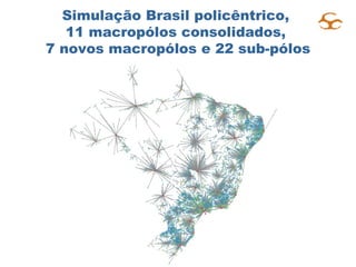 Simulação Brasil policêntrico,  11 macropólos consolidados,  7 novos macropólos e 22 sub-pólos 