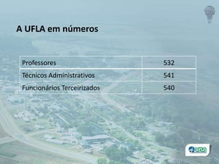 Professores 532
Técnicos Administrativos 541
Funcionários Terceirizados 540
A UFLA em números
 