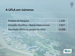 Projetos de Pesquisa 1.200
Iniciação Científica + Bolsas Institucionais 2.827
População diária no campus da UFLA 13.000
A UFLA em números
 