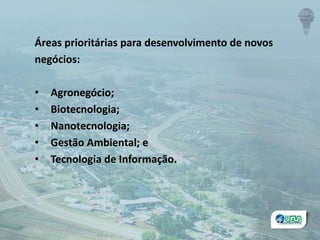 Áreas prioritárias para desenvolvimento de novos
negócios:
• Agronegócio;
• Biotecnologia;
• Nanotecnologia;
• Gestão Ambiental; e
• Tecnologia de Informação.
 