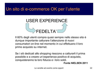 Un sito di e-commerce OK per l’utente USER EXPERIENCE FEDELTA’ Il 60% degli utenti compra quasi sempre nello stesso sito è dunque importante catturare l’attenzione di nuovi consumatori on-line nel momento in cui effettuano il loro primo acquisto su internet. Se i siti dedicati allo shopping riescono a catturarli il prima possibile e a creare un’esperienza positiva di acquisto, conquisteranno la loro fiducia e i loro soldi. Fonte NIELSEN 2011 