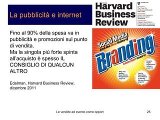 La pubblicità e internet Fino al 90% della spesa va in pubblicità e promozioni sul punto di vendita. Ma la singola più forte spinta all’acquisto è spesso IL CONSIGLIO DI QUALCUN ALTRO Edelman, Harvard Business Review, dicembre 2011  