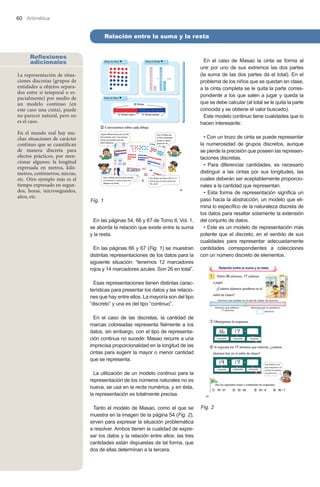 60 Aritmética

Relación entre la suma y la resta
Reflexiones
adicionales

En el caso de Masao la cinta se forma al
unir por uno de sus extremos las dos partes
(la suma de las dos partes da el total). En el
problema de los niños que se quedan en clase,
a la cinta completa se le quita la parte correspondiente a los que salen a jugar y queda la
que se debe calcular (al total se le quita la parte
conocida y se obtiene el valor buscado).
Este modelo continuo tiene cualidades que lo
hacen interesante:

La representación de situaciones discretas (grupos de
entidades u objetos separados entre sí temporal o espacialmente) por medio de
un modelo continuo (en
este caso una cinta), puede
no parecer natural, pero no
es el caso.
En el mundo real hay muchas situaciones de carácter
continuo que se cuantifican
de manera discreta para
efectos prácticos, por mencionar algunos: la longitud
expresada en metros, kilómetros, centímetros, micras,
etc. Otro ejemplo más es el
tiempo expresado en segundos, horas, microsegundos,
años, etc.

Fig. 1
En las páginas 54, 66 y 67 de Tomo II, Vol. 1,
se aborda la relación que existe entre la suma
y la resta.
En las páginas 66 y 67 (Fig. 1) se muestran
distintas representaciones de los datos para la
siguiente situación: “tenemos 12 marcadores
rojos y 14 marcadores azules. Son 26 en total”.

• Con un trozo de cinta se puede representar
la numerosidad de grupos discretos, aunque
se pierde la precisión que poseen las representaciones discretas.
• Para diferenciar cantidades, es necesario
distinguir a las cintas por sus longitudes, las
cuales deberán ser aceptablemente proporcionales a la cantidad que representan.
• Esta forma de representación significa un
paso hacia la abstracción, un modelo que elimina lo específico de la naturaleza discreta de
los datos para resaltar solamente la extensión
del conjunto de datos.
• Este es un modelo de representación más
potente que el discreto, en el sentido de sus
cualidades para representar adecuadamente
cantidades correspondientes a colecciones
con un número discreto de elementos.

Esas representaciones tienen distintas características para presentar los datos y las relaciones que hay entre ellos. La mayoría son del tipo
“discreto” y una es del tipo “continuo”.
En el caso de las discretas, la cantidad de
marcas coloreadas representa fielmente a los
datos, sin embargo, con el tipo de representación continua no sucede: Masao recurre a una
imprecisa proporcionalidad en la longitud de las
cintas para sugerir la mayor o menor cantidad
que se representa.
La utilización de un modelo continuo para la
representación de los números naturales no es
nueva, se usa en la recta numérica, y en ésta,
la representación es totalmente precisa.
Tanto el modelo de Masao, como el que se
muestra en la imagen de la página 54 (Fig. 2),
sirven para expresar la situación problemática
a resolver. Ambos tienen la cualidad de expresar los datos y la relación entre ellos: las tres
cantidades están dispuestas de tal forma, que
dos de ellas determinan a la tercera.

Fig. 2

 