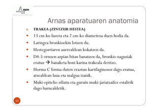Arnas aparatuaren anatomia
     4.   TRAKEA (ZINTZUR HESTEA)
          13 cm-ko luzera eta 2 cm-ko diametroa duen hodia da.
          Laringea bronkioekin lotzen du.
          Hestegorriaren aurrealdean kokatzen da.
          D4-5 ornoen azpian bitan banatzen da, bronkio nagusiak
          eratuz banaketa honi karina trakeala deritzo.
          Horma C forma duten eraztun kartilaginosoz dago eratua,
          atzealdean laua eta malgua izanik.
          Muki-epitelio ziliatu eta guruin muki-jariatzailez estalirik
          dago barnealdetik.

13
 
