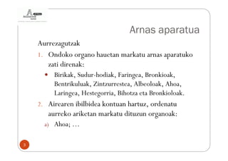 Arnas aparatua
    Aurrezagutzak
    1. Ondoko organo hauetan markatu arnas aparatuko
       zati direnak:
         Birikak, Sudur-hodiak, Faringea, Bronkioak,
         Bentrikuluak, Zintzurrestea, Albeoloak, Ahoa,
         Laringea, Hestegorria, Bihotza eta Bronkioloak.
    2. Airearen ibilbidea kontuan hartuz, ordenatu
       aurreko ariketan markatu dituzun organoak:
      a) Ahoa; …


3
 