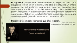El arquitecto permanece anónimamente en segundo plano. Sus
dibujos no son un fin en sí mismos, una obra de arte, sino un simple
conjunto de instrucciones, una ayuda para los operarios que
construyen sus edificios. El arquitecto les entrega cierto número de
planos dibujados y especificaciones mecanografiadas totalmente
impersonales. Deben ser lo suficientemente inequívocos como para
que no quepa ninguna duda respecto a la construcción.
El arquitecto compone la música que otros tocarán.
Steen Eiler Rasmussen,
La experiencia de la arquitectura,1959.
 