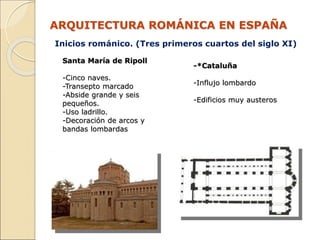 ARQUITECTURA ROMÁNICA EN ESPAÑA
Inicios románico. (Tres primeros cuartos del siglo XI)
-*Cataluña
-Influjo lombardo
-Edifi...