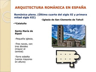 Románico pleno. (Último cuarto del siglo XI y primera
mitad siglo XII)
ARQUITECTURA ROMÁNICA EN ESPAÑA
-*Cataluña
-Iglesia...