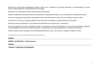 Relacionar las producciones imagenológicas propias y ajenas con el contexto en el que fueron generadas, su intencionalidad y el vínculo
emisor- receptor enfatizando la significatividad de los mensajes.

Desarrollar una mirada positiva hacia los valores artísticos patrimoniales.

Estimular el desarrollo de procesos creativos que contemplen las respuestas personales a la vez que atiendan la diversidad del colectivo.

Promover la capacidad de fundamentar y argumentar el hecho visual estimulando la construcción de una actitud conciente y crítica.

Reconocer los vínculos que se puedan establecer entre las experiencias realizadas y posibles ejemplos de nivel estético.

Aprender a observar directamente y con la mediación de diferentes formas de producción y reproducción.

Promover el empleo de las nuevas modalidades visuales e instrumentos de resolución de imágenes a sus procesos de aprendizaje, agregando
otras posibilidades de dominio de los objetos estudiados y consiguientemente nuevas adquisiciones en el campo comunicacional.

Valorar la relación entre la naturaleza y el arte desde diferentes puntos de vista , que incluyen lo ecológico, lo estético y lo ético.


DEFINICIÓN DE CONTENIDOS BÁSICOS ESENCIALES

UNIDAD 1

DISEÑO Y NATURALEZA. Transformaciones

UNIDAD 2

PENSAR Y COMUNICAR CON IMÁGENES




                                                                                                                                            3
 