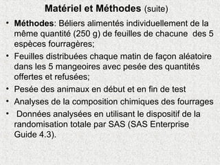 Matériel et Méthodes (suite)
• Méthodes: Béliers alimentés individuellement de la
même quantité (250 g) de feuilles de chacune des 5
espèces fourragères;
• Feuilles distribuées chaque matin de façon aléatoire
dans les 5 mangeoires avec pesée des quantités
offertes et refusées;
• Pesée des animaux en début et en fin de test
• Analyses de la composition chimiques des fourrages
• Données analysées en utilisant le dispositif de la
randomisation totale par SAS (SAS Enterprise
Guide 4.3).
 
