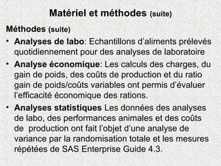 Matériel et méthodes (suite)
Méthodes (suite)
• Analyses de labo: Echantillons d’aliments prélevés
quotidiennement pour des analyses de laboratoire
• Analyse économique: Les calculs des charges, du
gain de poids, des coûts de production et du ratio
gain de poids/coûts variables ont permis d’évaluer
l’efficacité économique des rations.
• Analyses statistiques Les données des analyses
de labo, des performances animales et des coûts
de production ont fait l’objet d’une analyse de
variance par la randomisation totale et les mesures
répétées de SAS Enterprise Guide 4.3.
 