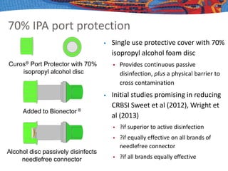 70% IPA port protection
 Single use protective cover with 70%
isopropyl alcohol foam disc
 Provides continuous passive
disinfection, plus a physical barrier to
cross contamination
 Initial studies promising in reducing
CRBSI Sweet et al (2012), Wright et
al (2013)
 ?if superior to active disinfection
 ?if equally effective on all brands of
needlefree connector
 ?if all brands equally effective
Added to Bionector ®
Curos® Port Protector with 70%
isopropyl alcohol disc
Alcohol disc passively disinfects
needlefree connector
 