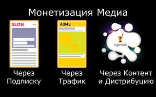Монетизация Медиа
Через
Подписку
Через
Трафик
Через Контент
и Дистрибуцию
 