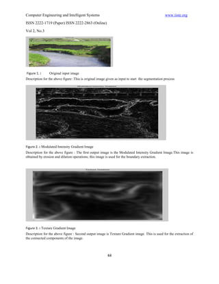 Computer Engineering and Intelligent Systems                                                      www.iiste.org
ISSN 2222-1719 (Paper) ISSN 2222-2863 (Online)

Vol 2, No.3




Figure 1. :     Original input image
Description for the above figure :This is original image given as input to start the segmentation process




Figure 2. : Modulated Intensity Gradient Image
Description for the above figure : The first output image is the Modulated Intensity Gradient Image.This image is
obtained by erosion and dilation operations; this image is used for the boundary extraction.




Figure 3. : Texture Gradient Image
Description for the above figure : Second output image is Texture Gradient image. This is used for the extraction of
the connected components of the image.



                                                         44
 