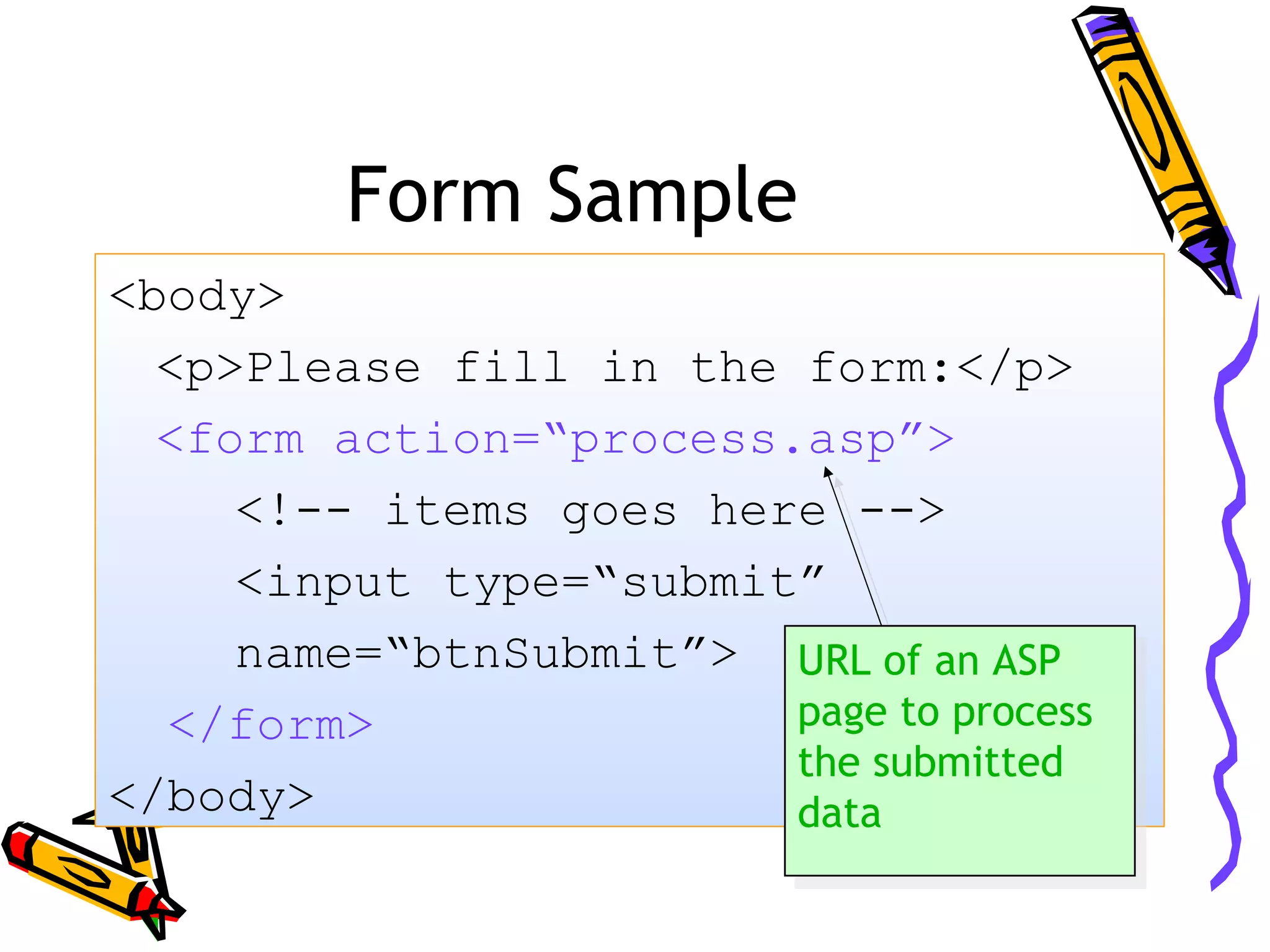 Form Sample <body> <p>Please fill in the form:</p> <form action=“process.asp”> <!-- items goes here --> <input type=“submit” name=“btnSubmit”> </form> </body> URL of an ASP page to process the submitted data URL of an ASP page to process the submitted data 