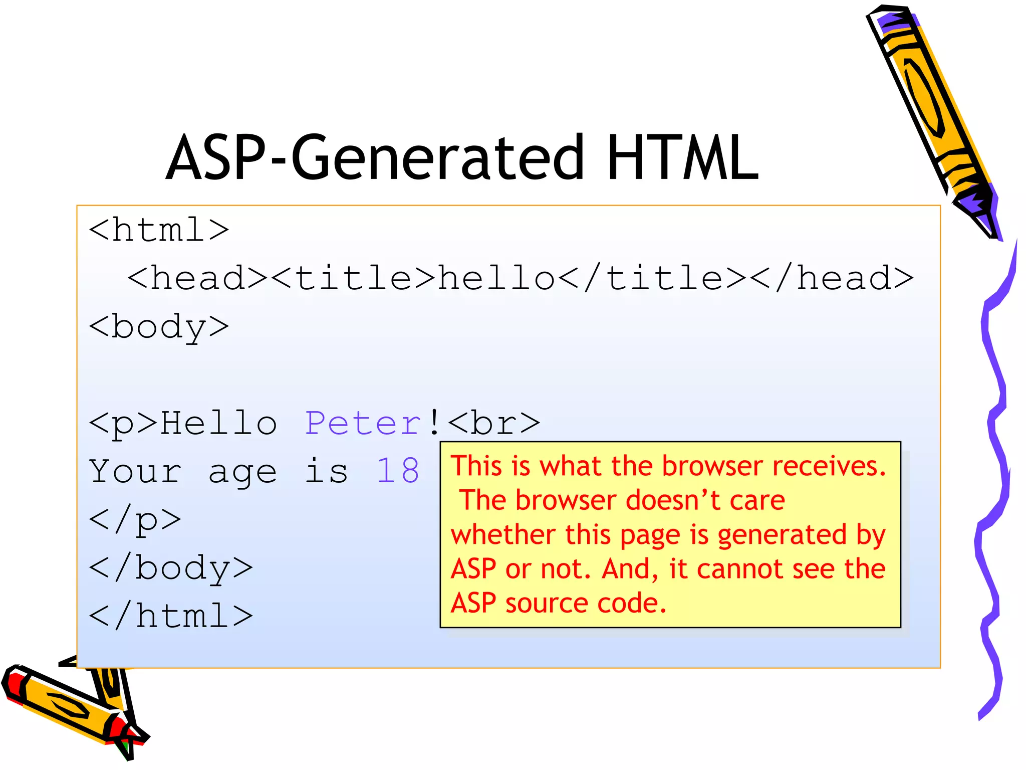 ASP-Generated HTML <html> <head><title>hello</title></head> <body> <p>Hello Peter!<br> Your age is 18 </p> </body> </html> This is what the browser receives. The browser doesn’t care whether this page is generated by ASP or not. And, it cannot see the ASP source code. This is what the browser receives. The browser doesn’t care whether this page is generated by ASP or not. And, it cannot see the ASP source code. 