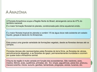 A AMAZÔNIA

A Floresta Amazônica ocupa a Região Norte do Brasil, abrangendo cerca de 47% do
território nacional.
É a maior formação florestal do planeta, condicionada pelo clima equatorial úmido.


É a maior floresta tropical do planeta e contém 1/5 da água doce nele existente em estado
líquido, graças à bacia do rio Amazonas.


Esta possui uma grande variedade de formações vegetais, desde as florestas densas até os
campos.


Florestas densas são representadas pelas florestas de terra firme, as florestas de várzea,
periodicamente alagadas, e as florestas de igapó, permanentemente inundadas e ocorrem
por quase toda a Amazônia central.

A fauna da região é muito variada em função dos ecossistemas. São roedores, aves,
insetos, felinos, aves, quelônios, primatas, etc. Ex: onças, jaguatiricas, peixe-boi, pirarucu,
macaco-aranha, micos, sucuris, gaviões, tamanduás, preguiças, araras, tucanos, etc.
 