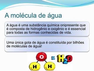 A molécula de água
A água é uma substância química onipresente que
é composta de hidrogênio e oxigênio e é essencial
para todas as formas conhecidas de vida.

Uma única gota de água é constituída por bilhões
de moléculas de água!
 