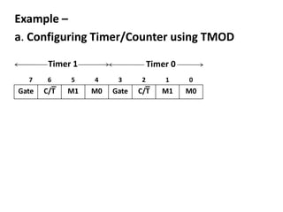 Example –
a. Configuring Timer/Counter using TMOD
Timer 1
7

Gate

Timer 0

6

5

4

3

2

1

0

C/T

M1

M0

Gate

C/T

M1

M0

 