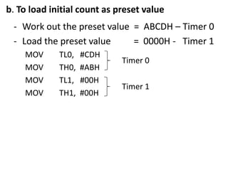 b. To load initial count as preset value
- Work out the preset value = ABCDH – Timer 0
- Load the preset value
= 0000H - Timer 1
MOV
MOV
MOV
MOV

TL0,
TH0,
TL1,
TH1,

#CDH
#ABH
#00H
#00H

Timer 0
Timer 1

 
