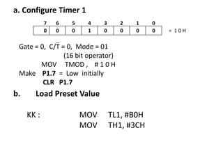 a. Configure Timer 1
7
0

6
0

5
0

4
1

3
0

2
0

1
0

Gate = 0, C/T = 0, Mode = 01
(16 bit operator)
MOV TMOD , # 1 0 H
Make P1.7 = Low initially
CLR P1.7

b.

Load Preset Value

KK :

MOV
MOV

TL1, #B0H
TH1, #3CH

0
0

= 10H

 