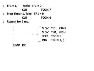 ; TF1 = 1,

Make TF1 = 0
CLR
TCON.7
; Stop Timer 1, Take TR1 = 0
CLR
TCON.6
; Repeat for 2 ms.
.
MOV TL1, #96H
.
MOV TH1, #F5H
.
SETB TCON.6
.
JNB TCON.7, $
.
SJMP KK.

 