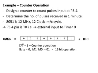 Example – Counter Operation
- Design a counter to count pulses input at P3.4.
- Determine the no. of pulses received in 1 minute.
- 8051 is 12 MHz, 12 Clock m/c cycle.
-> P3.4 pin is T0 i.e. -> external input to Timer 0
TMOD =

0

0

0

0

0

1

0

1

C/T = 1 – Counter operation
Gate = 0, M1 M0 = 01 - 16 bit operation

= 05H

 