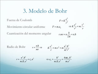 3. Modelo de Bohr
Fuerza de Coulomb                                    e2
                                                  F=K 2
                                                     r
                                                                e2      v2
Movimiento circular uniforme              F = m.an           ⇒ K 2 = m.
                                                                r       r
Cuantización del momento angular                             h
                                                 r.mv = n      = n.
                                                            2π



Radio de Bohr               n.       e2        n 2 . 2
                         v=     ⇒    K = m.v = m 2 2
                                            2
                            mr        r         mr

          n 2 . 2                           2      4πε o . 2
      r=           = ro .n 2        ⇒ ao =         =
         m.K.e 2                           m.K.e 2
                                                      m.e 2
 