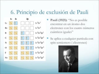 6. Principio de exclusión de Pauli
                Pauli (1925): “No es posible
                 encontrar en un átomo dos
                 electrones con los cuatro números
                 cuánticos iguales”
                Se aplica a cualquier partícula con
                 spin semientero ( electrones)
 