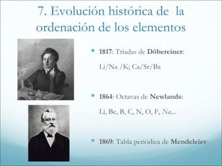 7. Evolución histórica de la
ordenación de los elementos
           1817: Triadas de Döbereiner:
            Li/Na /K; Ca/Sr/Ba



           1864: Octavas de Newlands:
            Li, Be, B, C, N, O, F, Na...



           1869: Tabla periódica de Mendeleiev
 