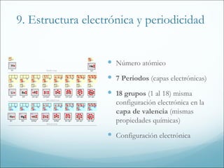 9. Estructura electrónica y periodicidad


                    Número atómico
                    7 Periodos (capas electrónicas)
                    18 grupos (1 al 18) misma
                     configuración electrónica en la
                     capa de valencia (mismas
                     propiedades químicas)
                    Configuración electrónica
 