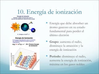 10. Energía de ionización
            Energía que debe absorber un
             átomo gaseoso en su estado
             fundamental para perder el
             último electrón
            Grupo: aumenta el radio,
             disminuye la atracción y la
             energía de ionización
            Periodo: disminuye el radio,
             aumenta la energía de ionización,
             máxima en los gases nobles
 