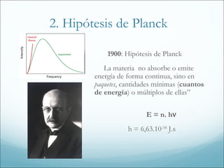 2. Hipótesis de Planck

            1900: Hipótesis de Planck
           La materia no absorbe o emite
        energía de forma continua, sino en
        paquetes, cantidades mínimas (cuantos
        de energía) o múltiplos de ellas”

                         E = n. hν
                   h = 6,63.10-34 J.s
 