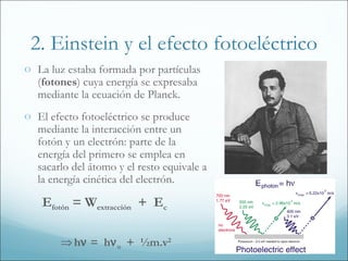 2. Einstein y el efecto fotoeléctrico
o La luz estaba formada por partículas
  (fotones) cuya energía se expresaba
  mediante la ecuación de Planck.
o El efecto fotoeléctrico se produce
  mediante la interacción entre un
  fotón y un electrón: parte de la
  energía del primero se emplea en
  sacarlo del átomo y el resto equivale a
  la energía cinética del electrón.

   Efotón = Wextracción + Ec

       ⇒ hν = hν o + ½m.v2
 