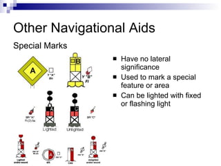 Other Navigational Aids Have no lateral significance Used to mark a special feature or area Can be lighted with fixed or flashing light Special Marks 