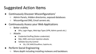 Suggested Action Items
● Continuously Discover Misconfigurations’
○ Admin Panels, Hidden directories, exposed databases
○ Misconfigured DNS, Email servers etc.
● Continuously Assess your Web Applications
○ Better visibility
■ APIs, Login Pages, Web App Types (VPN, Admin panels etc.)
○ Attacks
■ Credential Stuffing (Stolen credentials)
■ SQLi, SSRF, and more injection attacks
■ Validate Security Control
● SSL, CSP, WAF/Cloudflare, Captcha etc.
● Perform Social Engineering
○ More depth including installing malware and backdoors
 